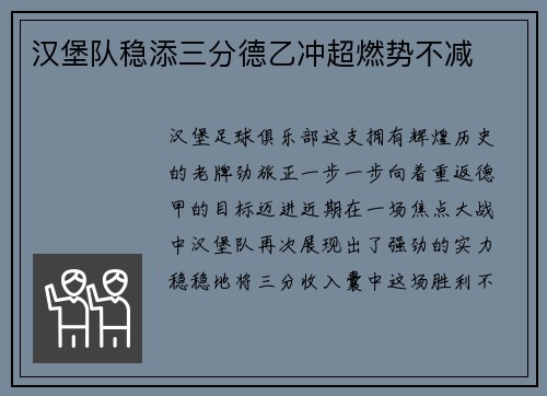 汉堡队稳添三分德乙冲超燃势不减