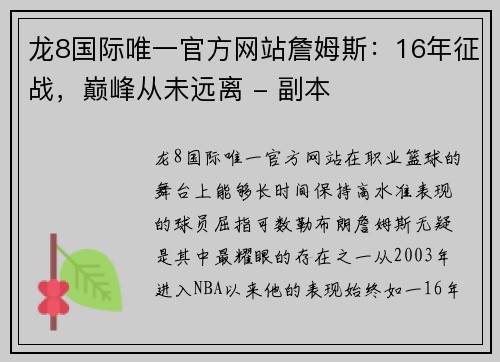 龙8国际唯一官方网站詹姆斯：16年征战，巅峰从未远离 - 副本