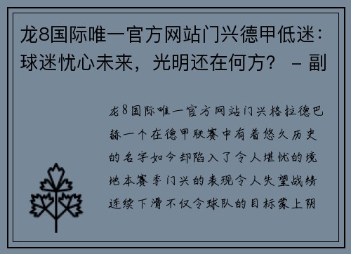 龙8国际唯一官方网站门兴德甲低迷：球迷忧心未来，光明还在何方？ - 副本