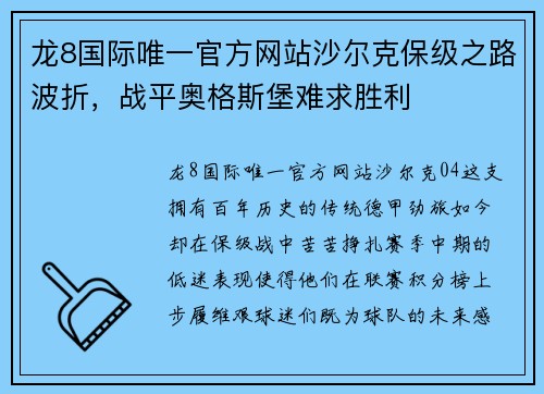 龙8国际唯一官方网站沙尔克保级之路波折，战平奥格斯堡难求胜利